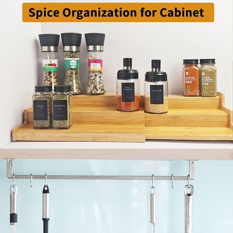 Expandable 3-Tier Bamboo Spice Rack - Space-Saving Vertical Kitchen Shelf with Bamboo Shelving, Expandable Shelves Suitable for Countertop/Cabinet Storage, Housewarming Gift, Decorative & Sturdy Spice - Image 5