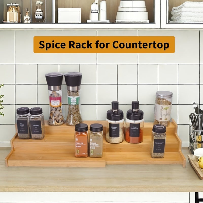 Expandable 3-Tier Bamboo Spice Rack - Space-Saving Vertical Kitchen Shelf with Bamboo Shelving, Expandable Shelves Suitable for Countertop/Cabinet Storage, Housewarming Gift, Decorative & Sturdy Spice - Image 4