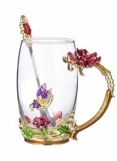 Enamel Glass Mug Flower Crystal Clear Novelty Glass Tea Cup Coffee Cups Travel Mugs Elaborate Flower Handle and Beautiful Spoon and Lid for Women Birthday Valentines Wedding Day Gifts