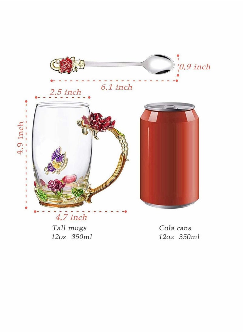 KASTWAVE - Enamel Glass Mug Flower Crystal Clear Novelty Glass Tea Cup Coffee Cups Travel Mugs Elaborate Flower Handle and Beautiful Spoon and Lid for Women Birthday Valentines Wedding Day Gifts - Image 1