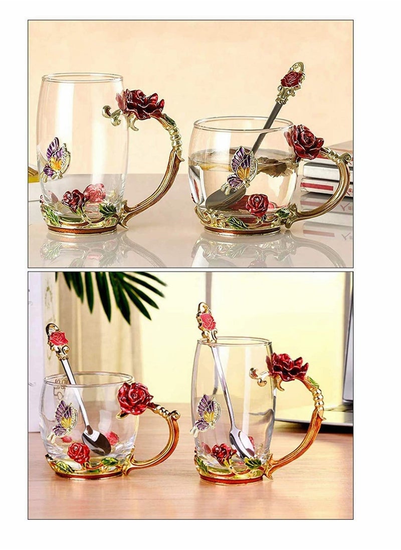 KASTWAVE - Enamel Glass Mug Flower Crystal Clear Novelty Glass Tea Cup Coffee Cups Travel Mugs Elaborate Flower Handle and Beautiful Spoon and Lid for Women Birthday Valentines Wedding Day Gifts - Image 1