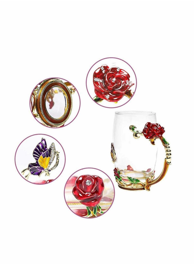 KASTWAVE - Enamel Glass Mug Flower Crystal Clear Novelty Glass Tea Cup Coffee Cups Travel Mugs Elaborate Flower Handle and Beautiful Spoon and Lid for Women Birthday Valentines Wedding Day Gifts - Image 1