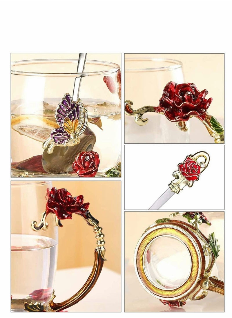 KASTWAVE - Enamel Glass Mug Flower Crystal Clear Novelty Glass Tea Cup Coffee Cups Travel Mugs Elaborate Flower Handle and Beautiful Spoon and Lid for Women Birthday Valentines Wedding Day Gifts - Image 1