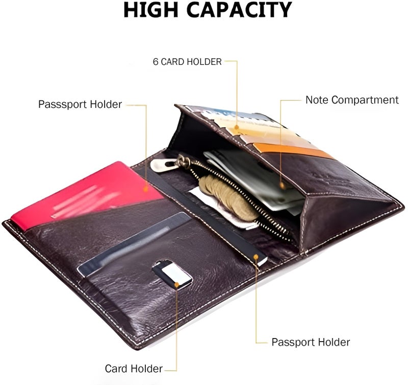 Contacts Unisex Casual Genuine Leather Wallet Photo Holder Passport Card Holder for Travel Passport Purse with Zipper Pocket (141-Brown-NEW) - Image 5
