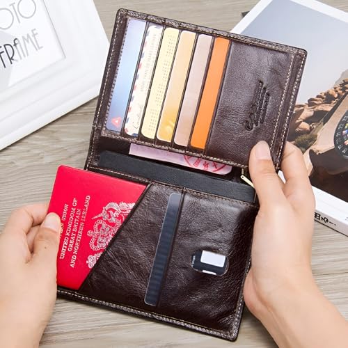 Contacts Unisex Casual Genuine Leather Wallet Photo Holder Passport Card Holder for Travel Passport Purse with Zipper Pocket (141-Brown-NEW) - Image 4