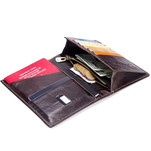 Contacts Unisex Casual Genuine Leather Wallet Photo Holder Passport Card Holder for Travel Passport Purse with Zipper Pocket (141-Brown-NEW) - Image 3