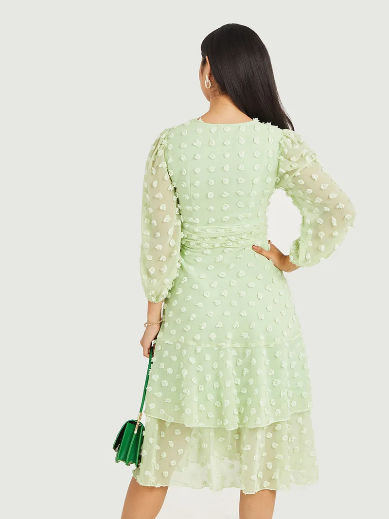 Styli Long Sheer Sleeves Dobby Wrap Front Midi Dress