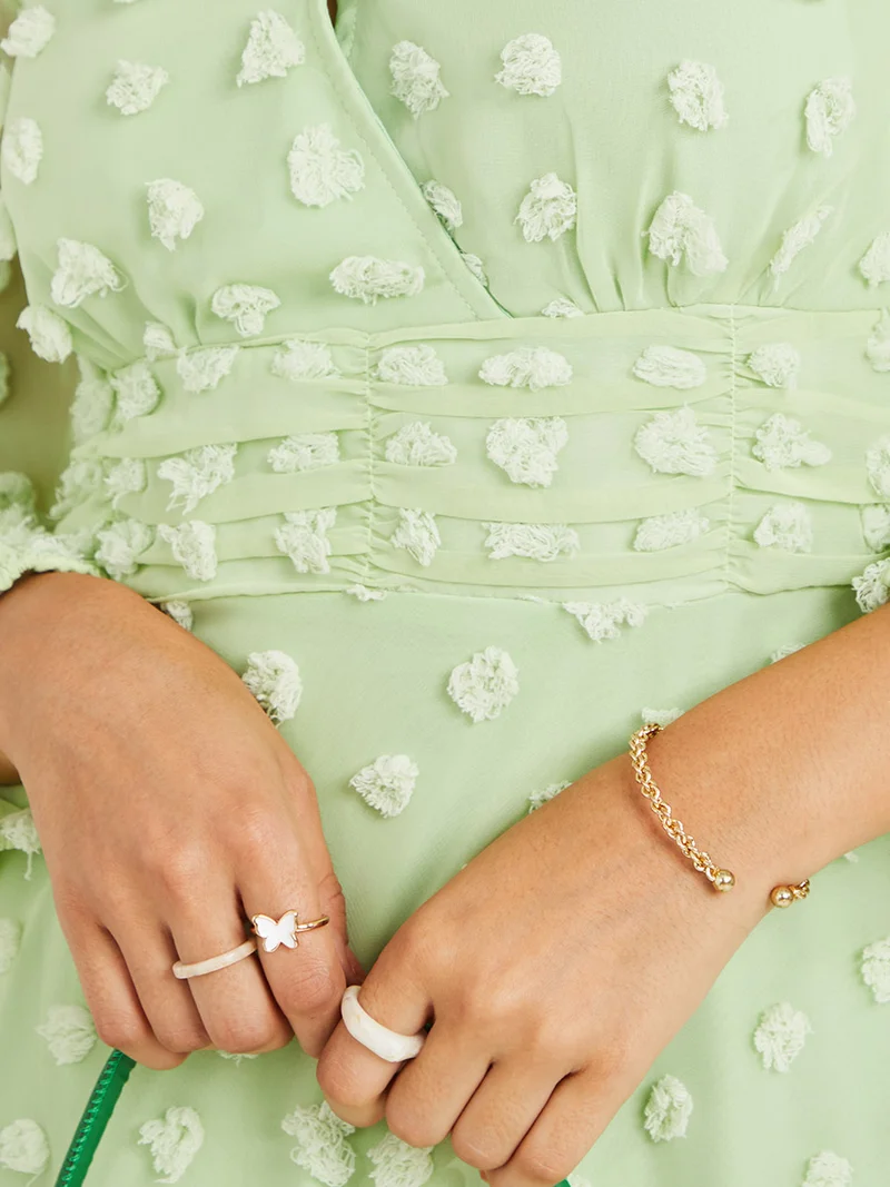 Styli Long Sheer Sleeves Dobby Wrap Front Midi Dress