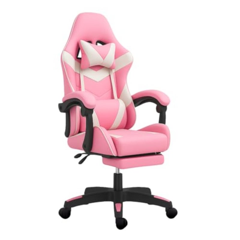 Gaming Chair Flame X1 for gamers and office use PU leather in PINKWHITE high-back ergonomic design with footrest, lumbar support, headrest, and 360 swivel - Image 1