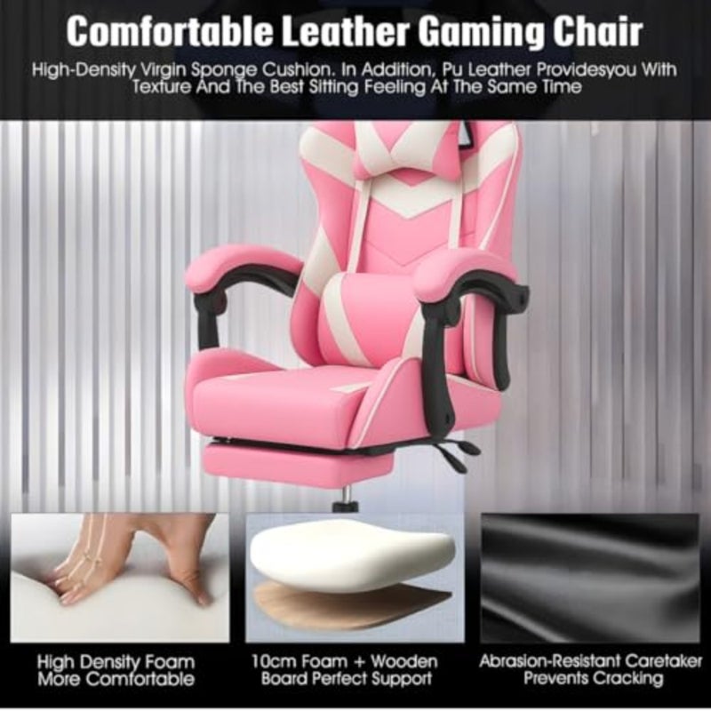 Gaming Chair Flame X1 for gamers and office use PU leather in PINKWHITE high-back ergonomic design with footrest, lumbar support, headrest, and 360 swivel - Image 4