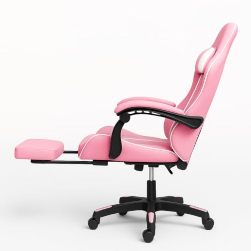 Gaming Chair Flame X1 for gamers and office use PU leather in PINKWHITE high-back ergonomic design with footrest, lumbar support, headrest, and 360 swivel - Image 3