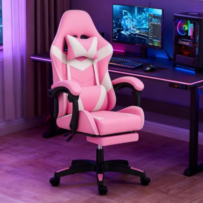 Gaming Chair Flame X1 for gamers and office use PU leather in PINKWHITE high-back ergonomic design with footrest, lumbar support, headrest, and 360 swivel - Image 2
