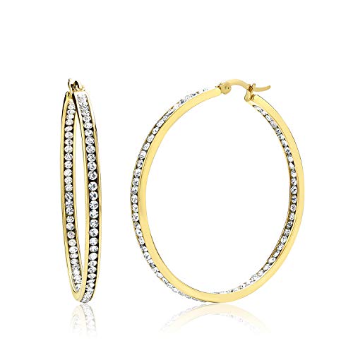 Gem Stone King 2 Inch Stunning Stainless Steel High Shine Inside-Out Hoop Earrings With CZ For Women - Image 1