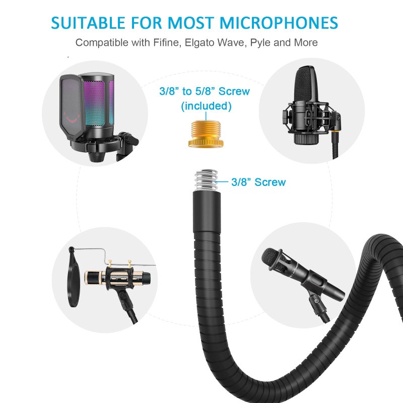 ZealSound ذراع ميكروفون ZealSound، بطول 19 بوصة، حامل ميكروفون مكتبي عالمي مع محول 3/8" إلى 5/8" وحامل ميكروفون، مشبك مكتب ثقيل محسن لميكروفونات Blue Snowball Ice Spark - Image 2
