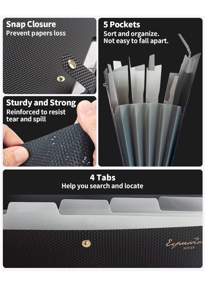 Expanding File Folder, Accordion File Organizer with 5 Pocket Folders, Letter Size Portable Paper Organizer, Sleek Filing Folders with Snap Closure for School Office Supplies, A4 Size, Black - Image 3