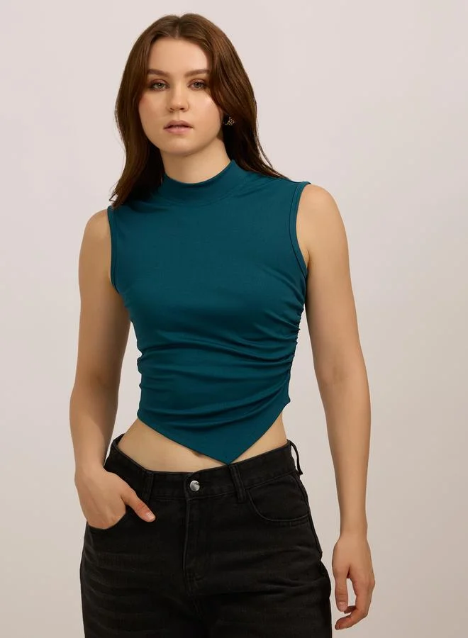 Outzidr  Teal High Neck Side Ruched Top for Women | Best Price UAE
