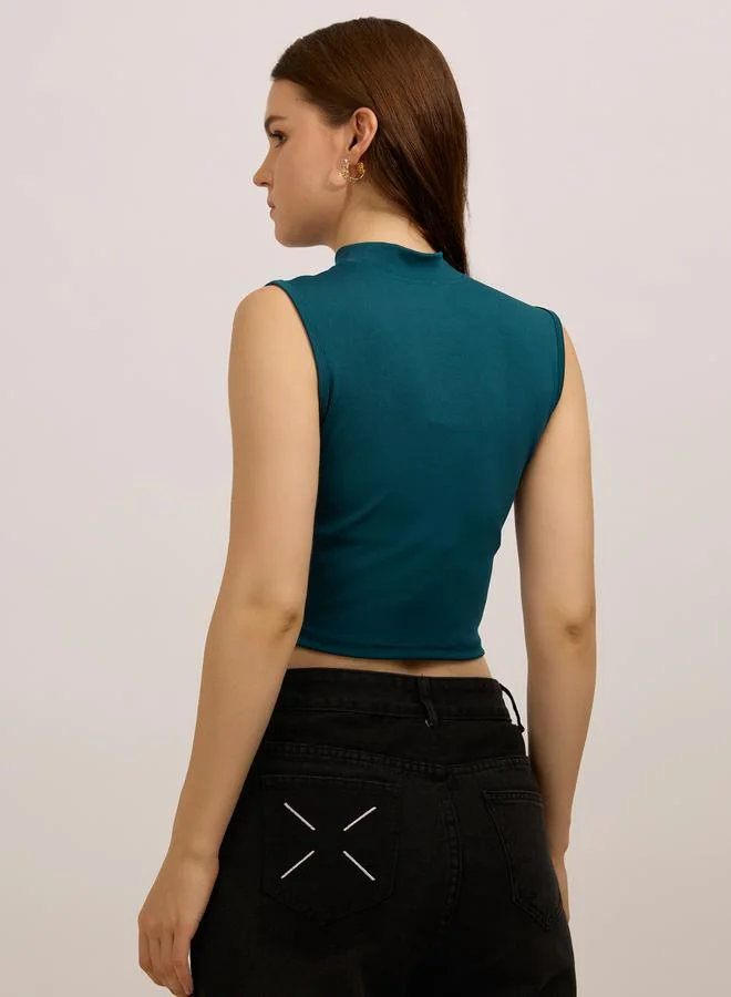 Outzidr  Teal High Neck Side Ruched Top for Women | Best Price UAE