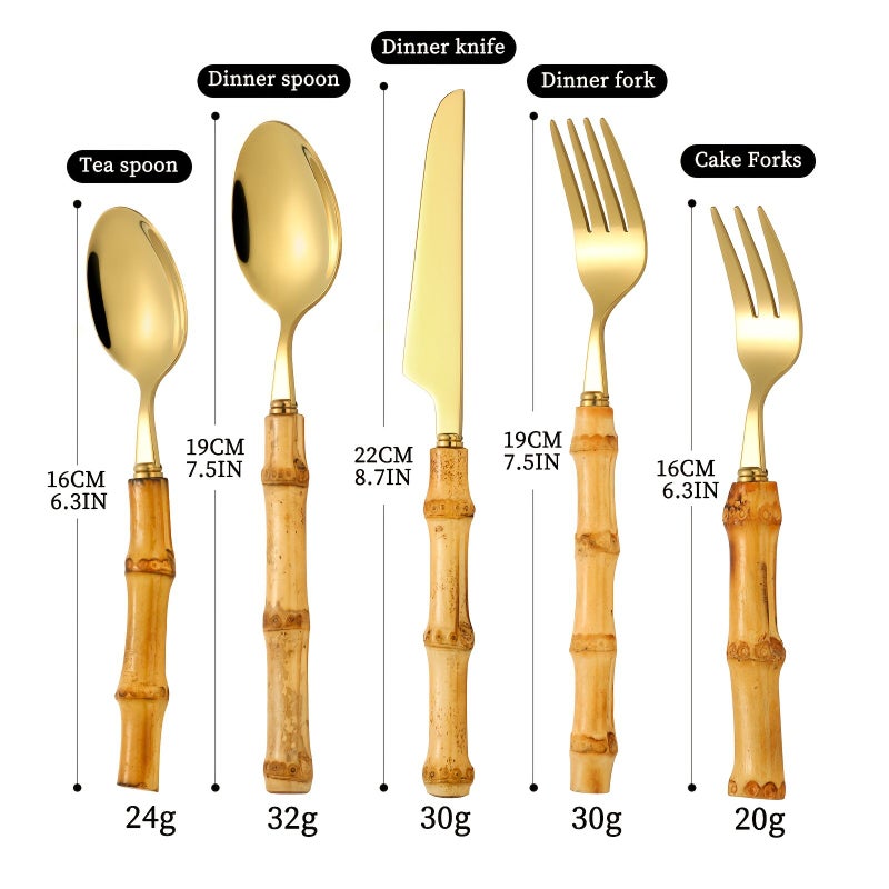 20 Pcs Cutlery Set Golden Bamboo Handle Stainless Steel Flatware For Home Kitchen Restaurant Wedding Hotel Outdoor Party Dishwasher Safe - Image 3