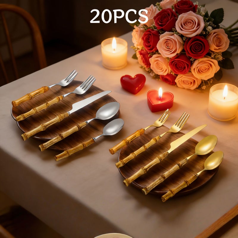 20 Pcs Cutlery Set Golden Bamboo Handle Stainless Steel Flatware For Home Kitchen Restaurant Wedding Hotel Outdoor Party Dishwasher Safe - Image 2
