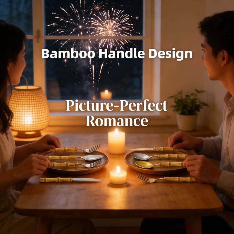 20 Pcs Cutlery Set Golden Bamboo Handle Stainless Steel Flatware For Home Kitchen Restaurant Wedding Hotel Outdoor Party Dishwasher Safe - Image 4