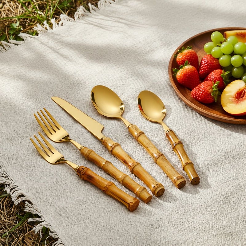20 Pcs Cutlery Set Golden Bamboo Handle Stainless Steel Flatware For Home Kitchen Restaurant Wedding Hotel Outdoor Party Dishwasher Safe - Image 5