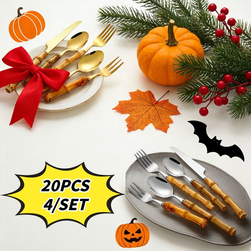 20 Pcs Cutlery Set Golden Bamboo Handle Stainless Steel Flatware For Home Kitchen Restaurant Wedding Hotel Outdoor Party Dishwasher Safe - Image 1