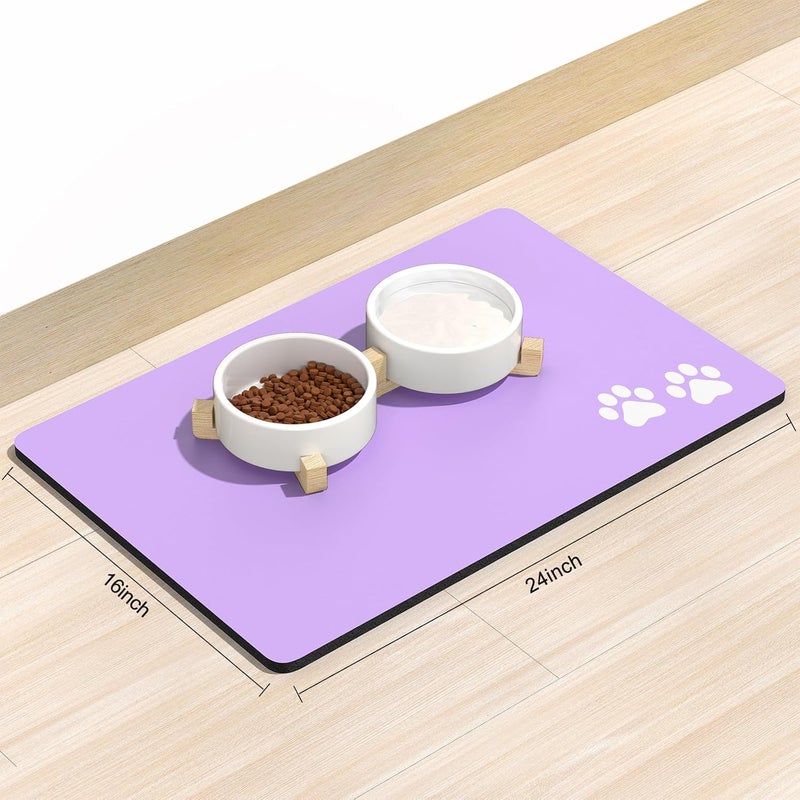 Rnivvi Dog Food Mat, 16" x 24" Footprint Absorbent Dog Cat Bowl Mat for Food and Water, Cute Anti-Slip Rubber Pet Feeding Rug Protect Floors, Puppy Placemat for Feeding & Watering Supplies, Purple - Image 2