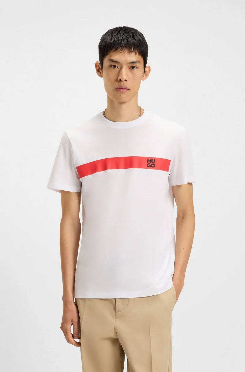 HUGO Cotton-jersey T-shirt with stripe and logo
