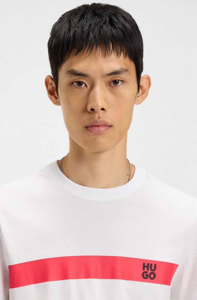 HUGO Cotton-jersey T-shirt with stripe and logo