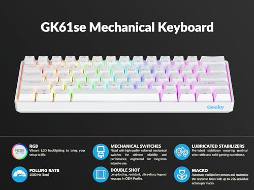 Geeky GK61 SE 60% | Mechanical Gaming Keyboard | 61 Keys Multi Color RGB LED Backlit for PC/Mac Gamer | ANSI US American Layout (White, Mechanical Red) - Image 5