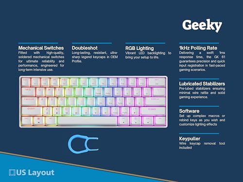 Geeky GK61 SE 60% | Mechanical Gaming Keyboard | 61 Keys Multi Color RGB LED Backlit for PC/Mac Gamer | ANSI US American Layout (White, Mechanical Red) - Image 2
