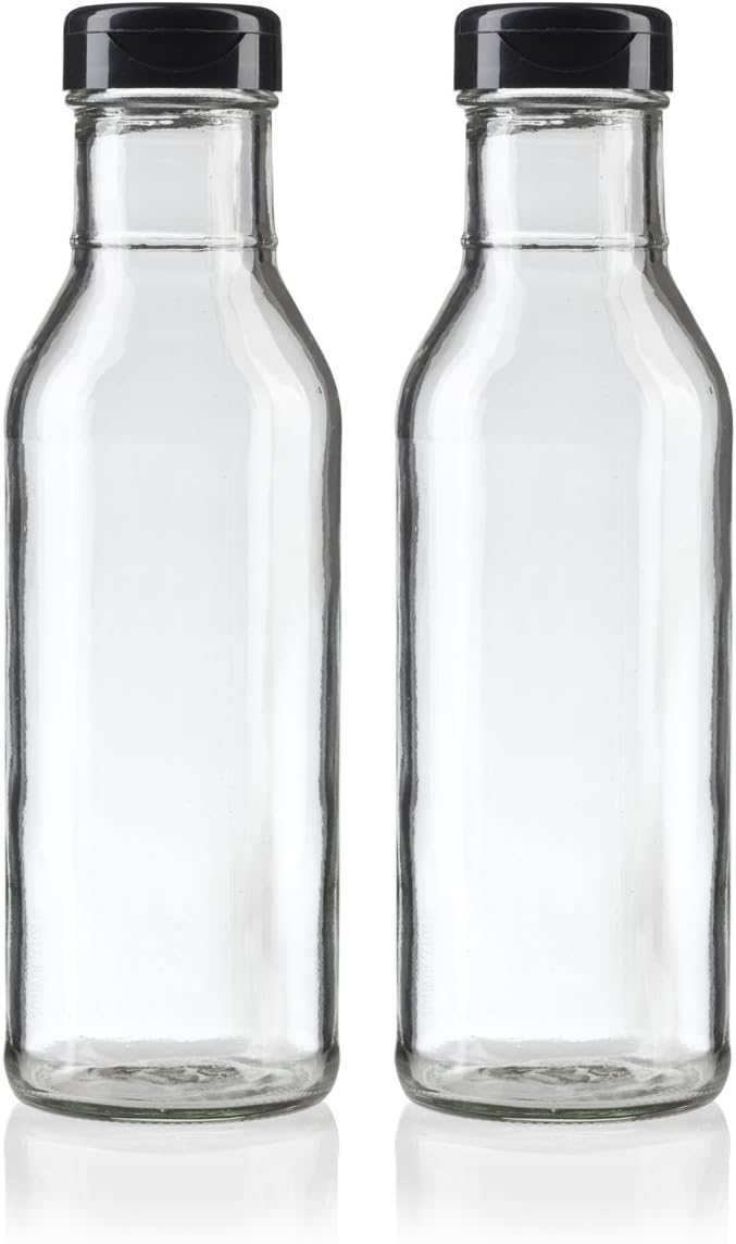 JUVITUS 12 oz Professional Clear Glass Thick Wall Sauce Bottle with Drip Resistant Flip Top Cap (2 Pack) for BBQ Sauce, Salad Dressings, more - Image 1