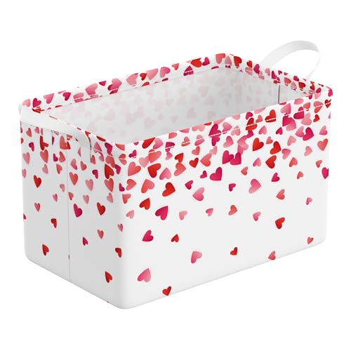 Ajiusmm Red Pink Valentines Day Basket Falling Love Hearts Storage Basket with Handles Foldable Valentine's Day Gift Bin Box Container Organizer for Home Office Living Room Decor (Red) - Image 1