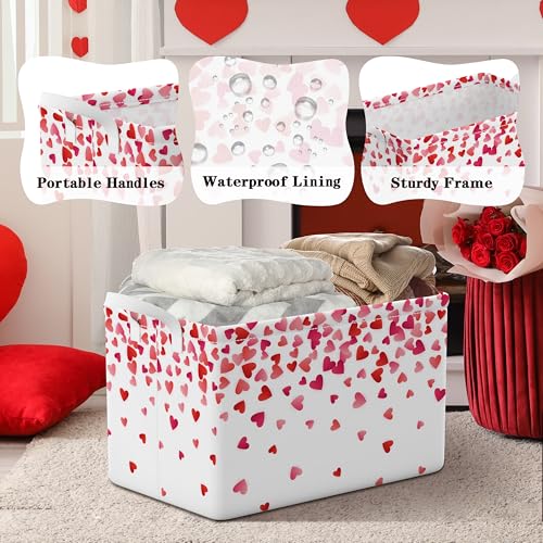 Ajiusmm Red Pink Valentines Day Basket Falling Love Hearts Storage Basket with Handles Foldable Valentine's Day Gift Bin Box Container Organizer for Home Office Living Room Decor (Red) - Image 4