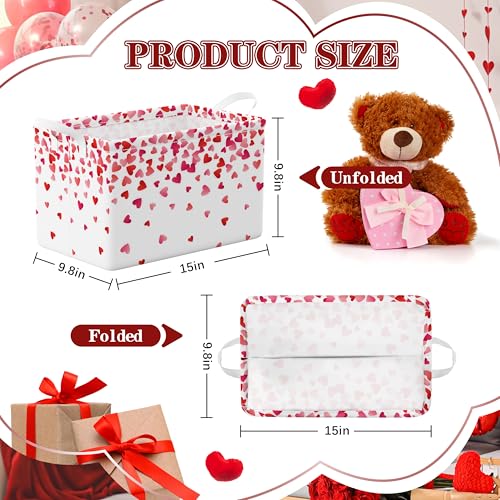 Ajiusmm Red Pink Valentines Day Basket Falling Love Hearts Storage Basket with Handles Foldable Valentine's Day Gift Bin Box Container Organizer for Home Office Living Room Decor (Red) - Image 3