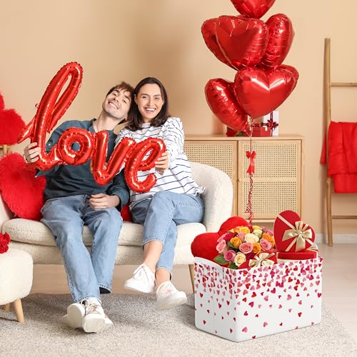 Ajiusmm Red Pink Valentines Day Basket Falling Love Hearts Storage Basket with Handles Foldable Valentine's Day Gift Bin Box Container Organizer for Home Office Living Room Decor (Red) - Image 2