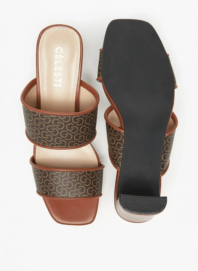 Celeste Womens Monogram Print Slip-On Sandals With Block Heels