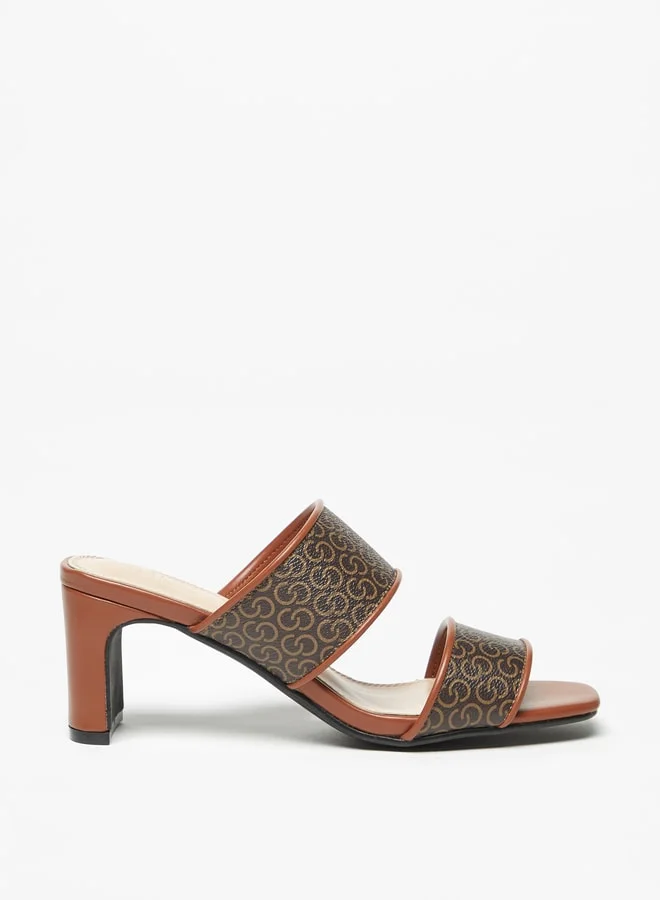 Celeste Womens Monogram Print Slip-On Sandals With Block Heels