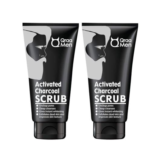 Qraa Men Activated Charcoal Scrub with Essential Oils | For deep cleansing & Glowing Skin | Anti Acne & Blackhead Remover | 100gm X 2 (Pack of 2) - Image 1