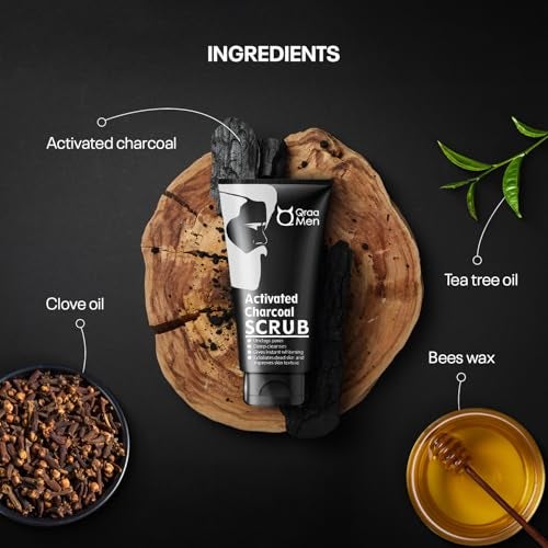 Qraa Men Activated Charcoal Scrub with Essential Oils | For deep cleansing & Glowing Skin | Anti Acne & Blackhead Remover | 100gm X 2 (Pack of 2) - Image 5