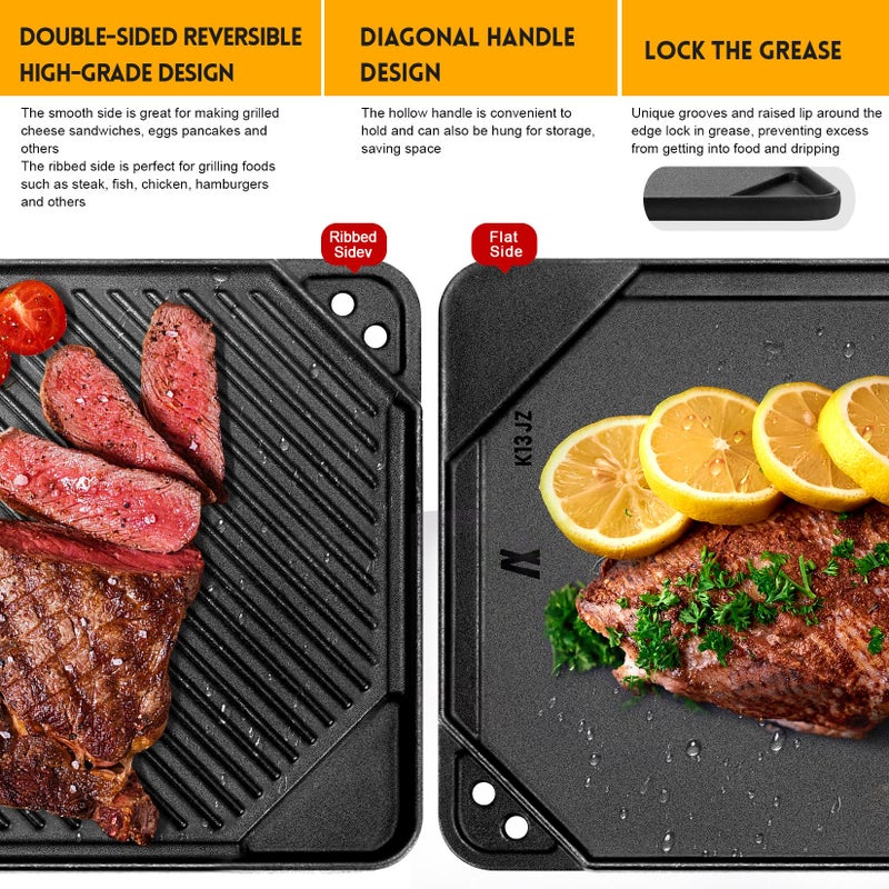 GGC Cast Iron Reversible Griddle, Double-sided Griddle pan for Indoor and Outdoor Cooking, 20 x 10.5 Baking Flat and Ribbed Griddle Plate for Stove Tops, Gas Grills and Camping - Image 4
