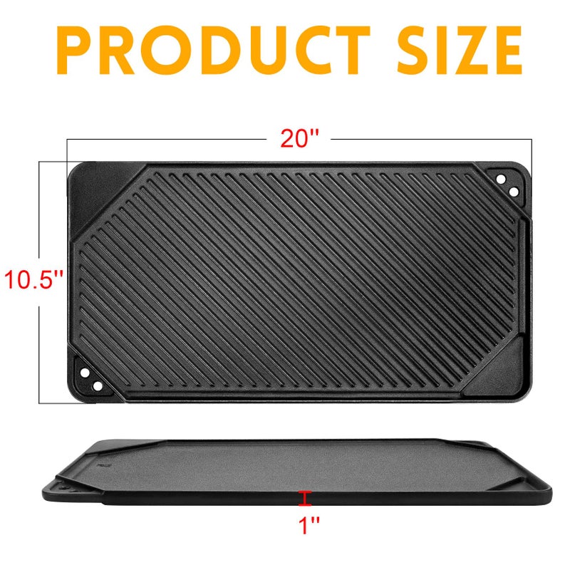 GGC Cast Iron Reversible Griddle, Double-sided Griddle pan for Indoor and Outdoor Cooking, 20 x 10.5 Baking Flat and Ribbed Griddle Plate for Stove Tops, Gas Grills and Camping - Image 2