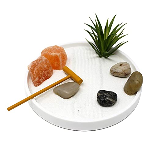 Nature's Mark Mini Zen Garden Kit for Desk with White Sand, Rake, White Base, Salt Rock and Air Plant (Round) - Image 1
