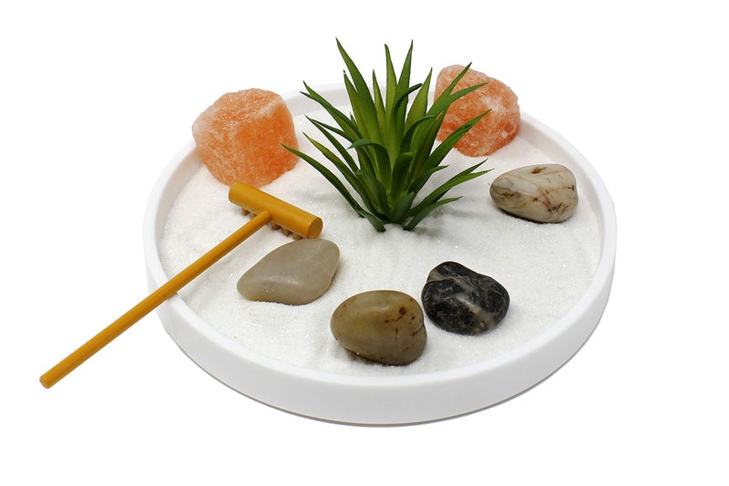 Nature's Mark Mini Zen Garden Kit for Desk with White Sand, Rake, White Base, Salt Rock and Air Plant (Round) - Image 2