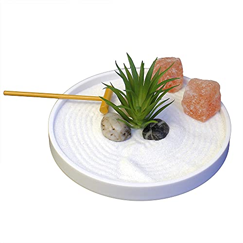 Nature's Mark Mini Zen Garden Kit for Desk with White Sand, Rake, White Base, Salt Rock and Air Plant (Round) - Image 3