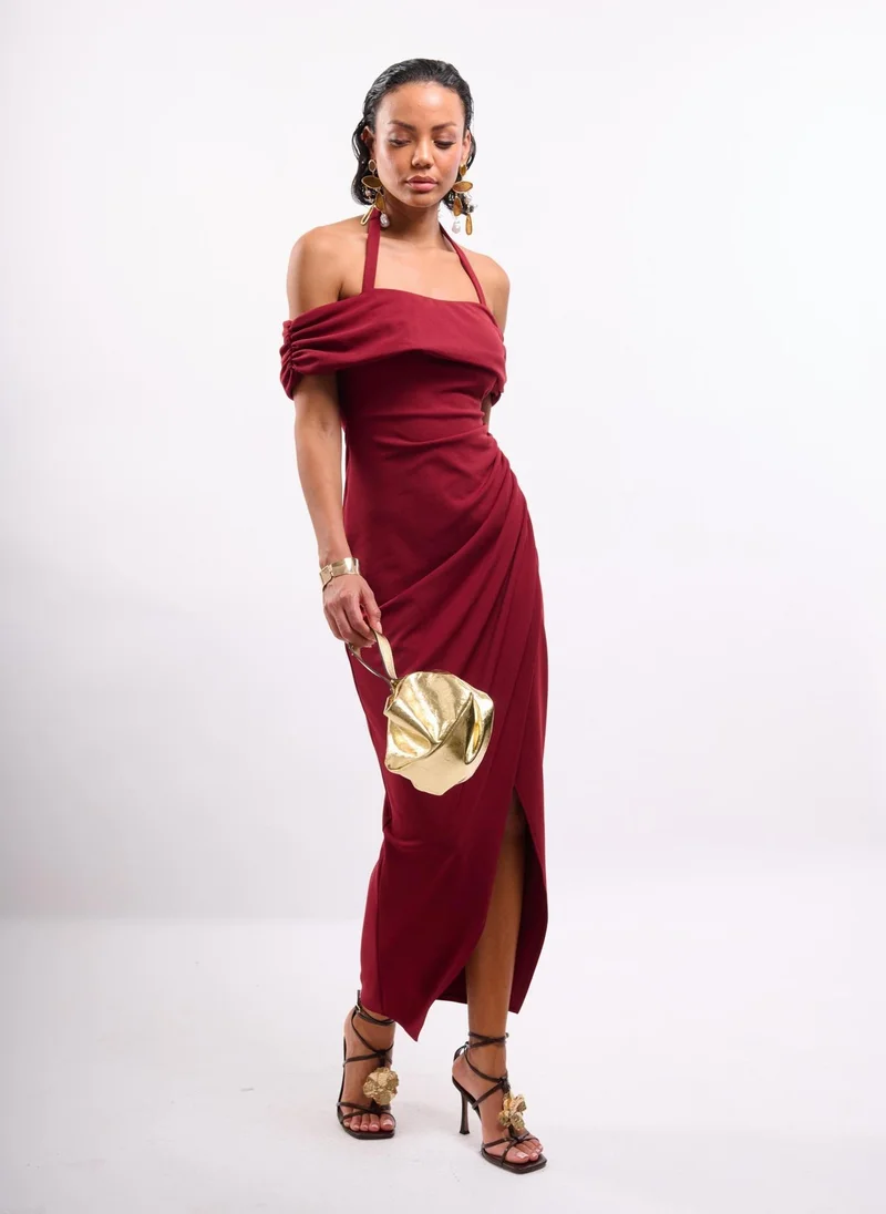 HALTER STRAP BARDOT MAXI DRESS IN WINE