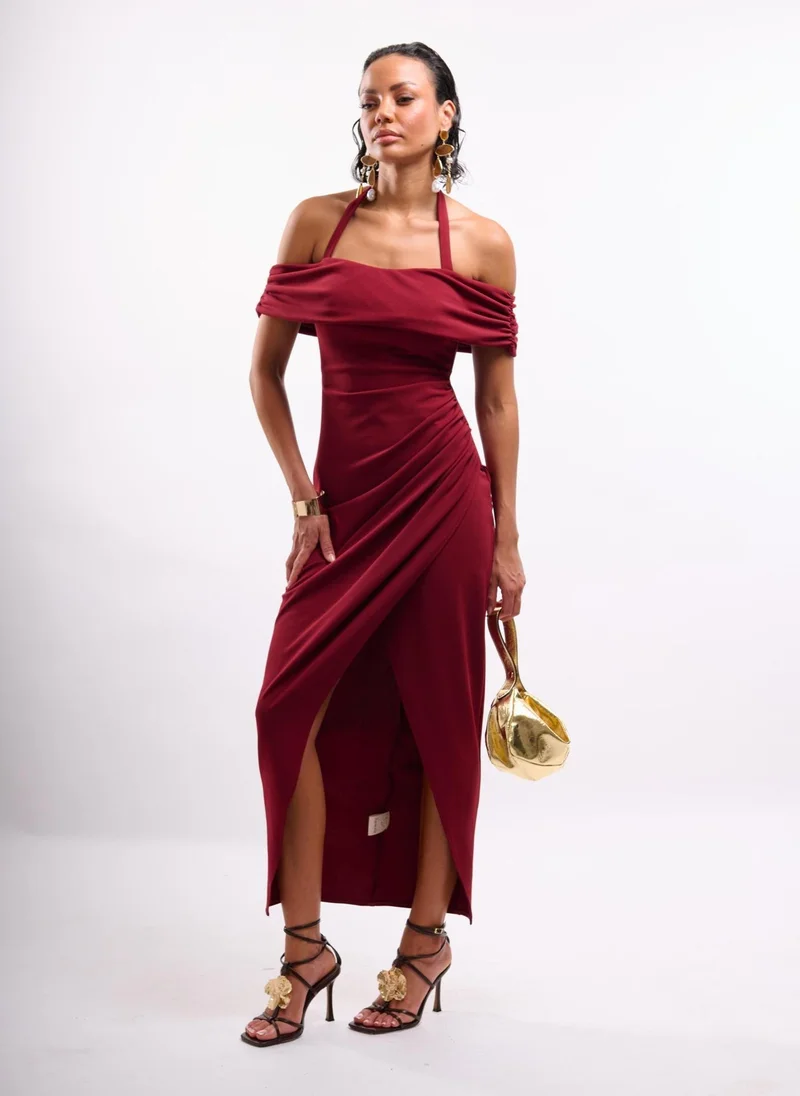 Faia HALTER STRAP BARDOT MAXI DRESS IN WINE