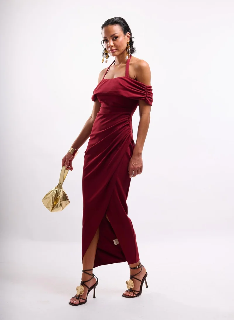 Faia HALTER STRAP BARDOT MAXI DRESS IN WINE