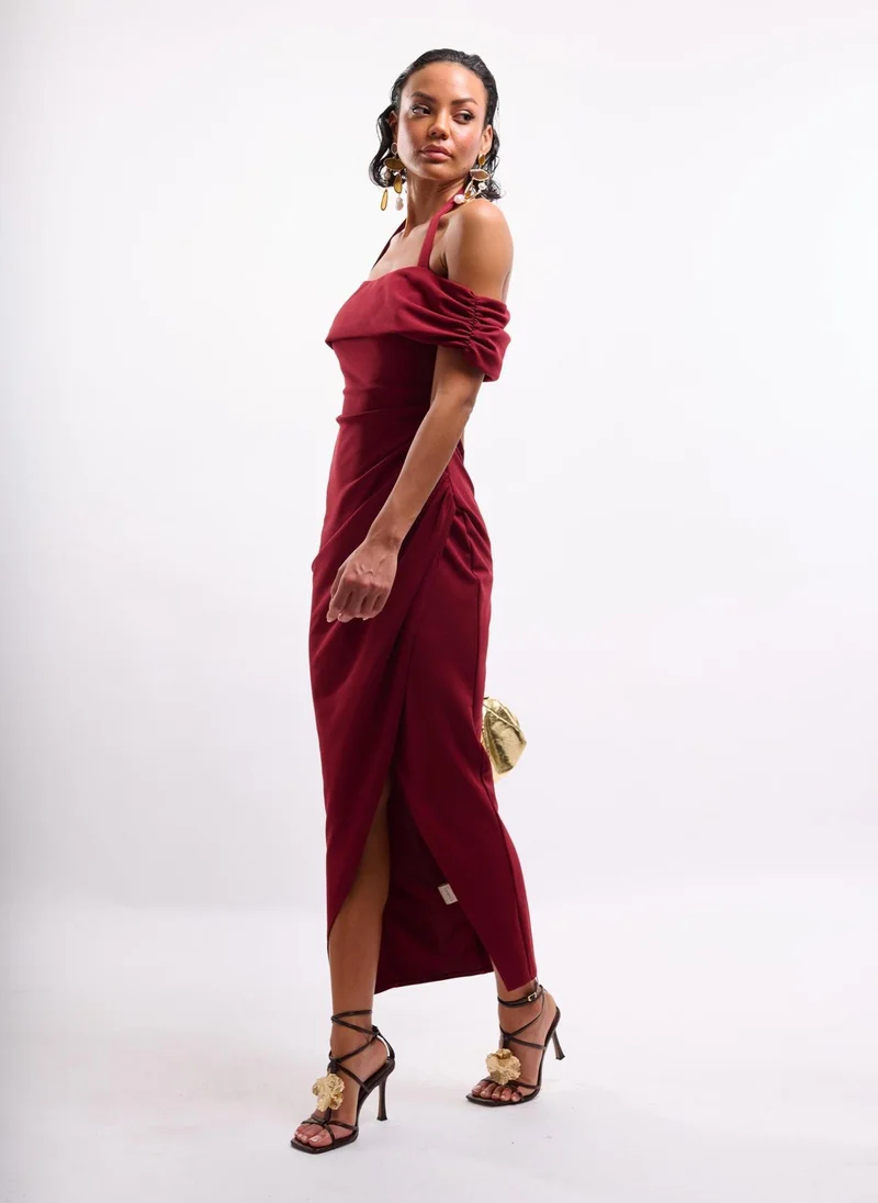 Faia HALTER STRAP BARDOT MAXI DRESS IN WINE