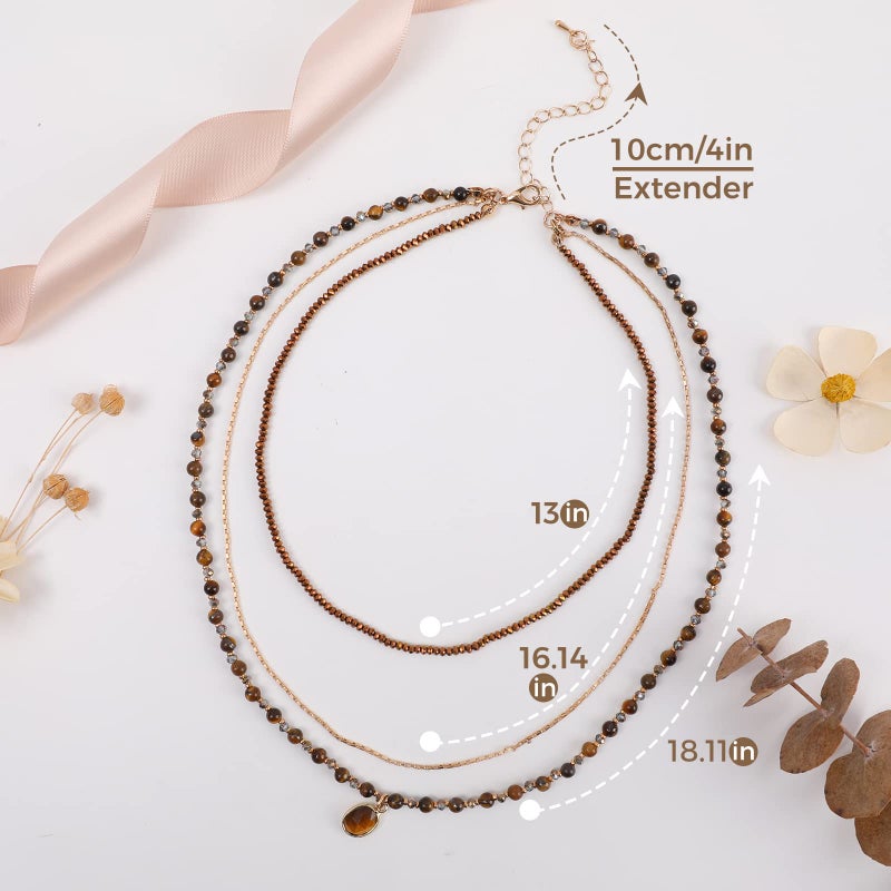 IDEAJOY Bohemian Beaded Choker Necklaces for Women Handmade Multilayered Hippie Necklaces Boho Natural Stone Tiger Eye Beads Strand Vintage Opal Stone Pendant Statement Necklace Jewelry Gift for Women, Brown - Image 5